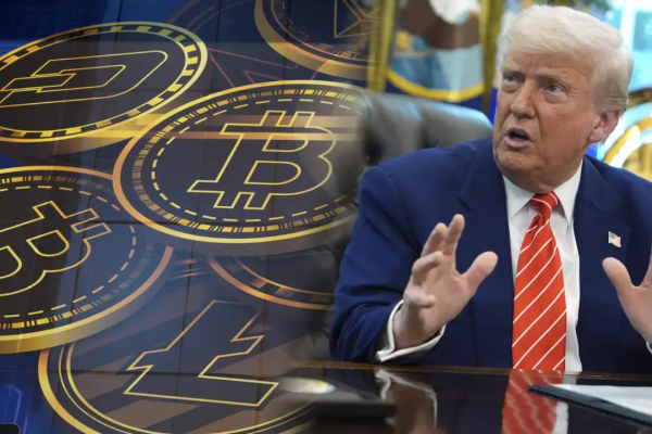 President Trump in the Oval Office discussing cryptocurrency legislation with Republican lawmakers and digital asset icons overlayed.