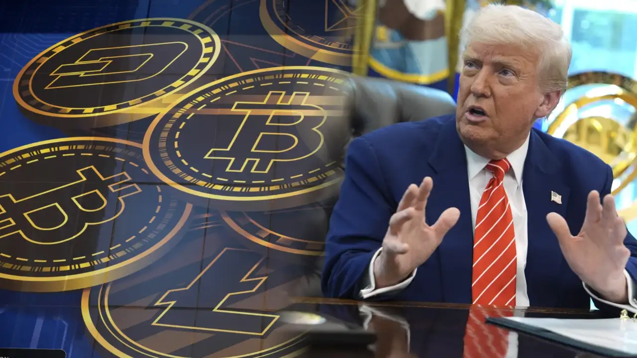 President Trump in the Oval Office discussing cryptocurrency legislation with Republican lawmakers and digital asset icons overlayed.